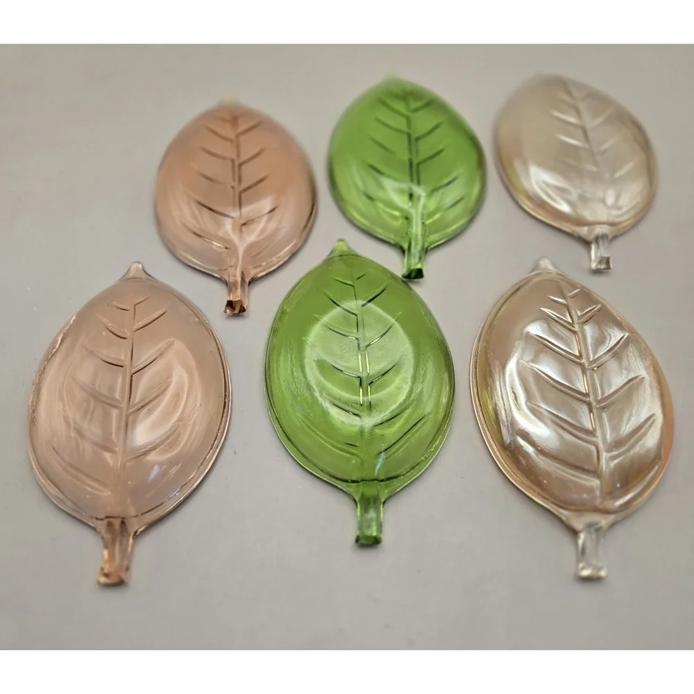 Vintage 60's Color Glass Leaf‎ Shaped Trays 6pcs. 3 Colors B#24
